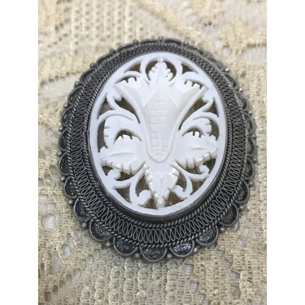 Jerusalem 900 Sterling Silver Carved Mother of Pearl Floral Brooch-Vintage